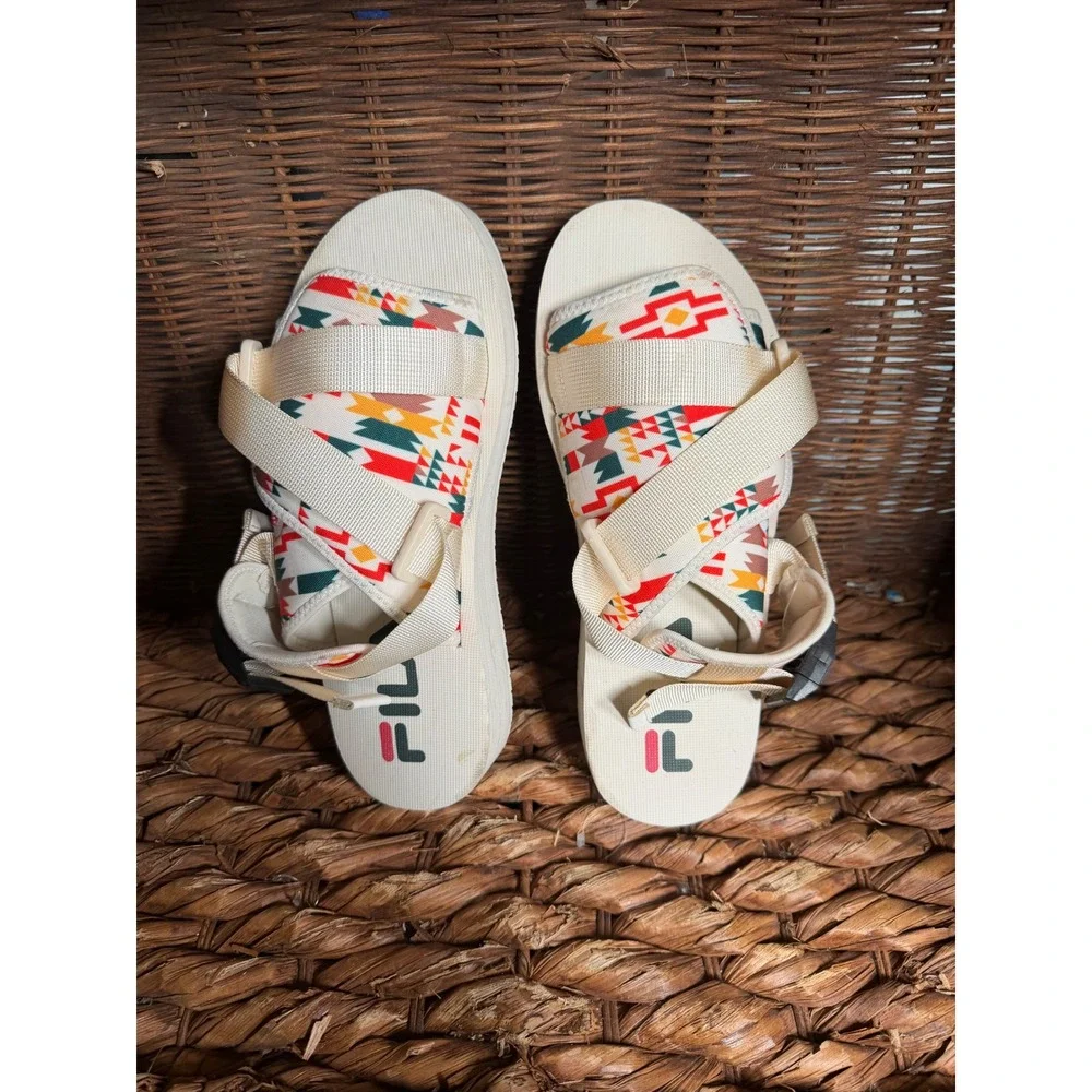 Fila Mens Geometric Tribal Print‎ Strappy Sandals Cream Red Green Size 9